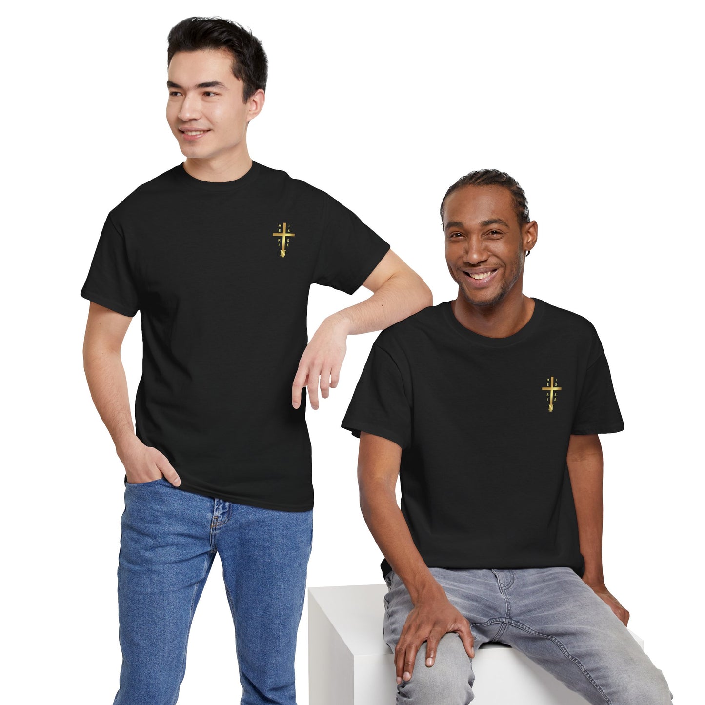 Unisex Heavy Cotton Tee - "HE IS RISEN" Gold Cross Design