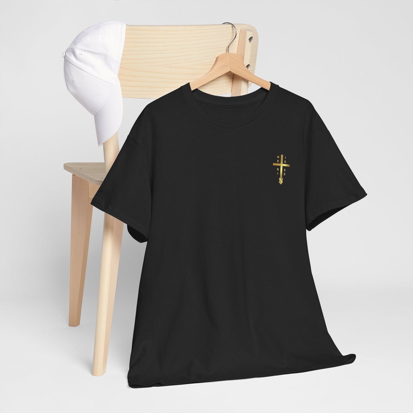 Unisex Heavy Cotton Tee - "HE IS RISEN" Gold Cross Design