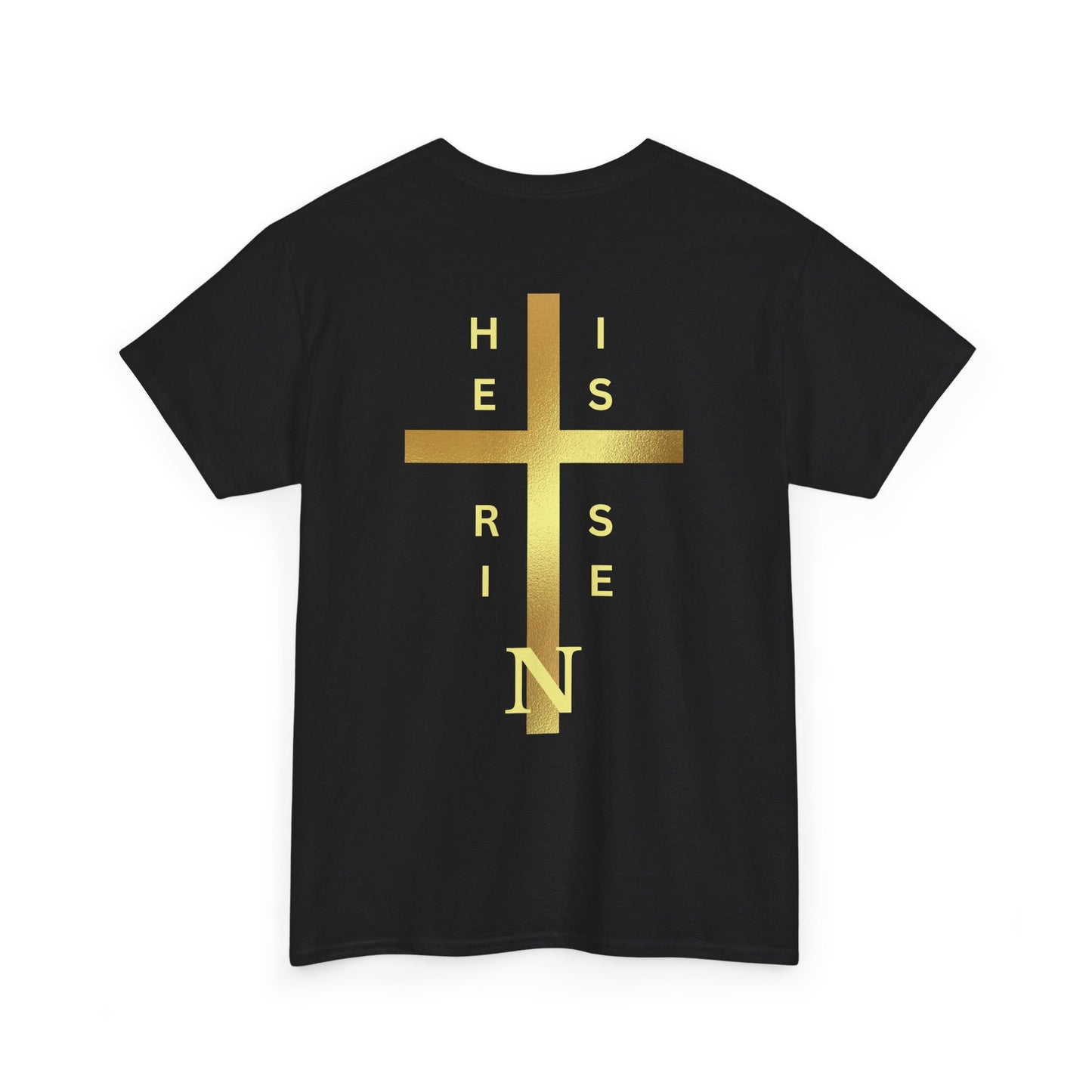 Unisex Heavy Cotton Tee - "HE IS RISEN" Gold Cross Design