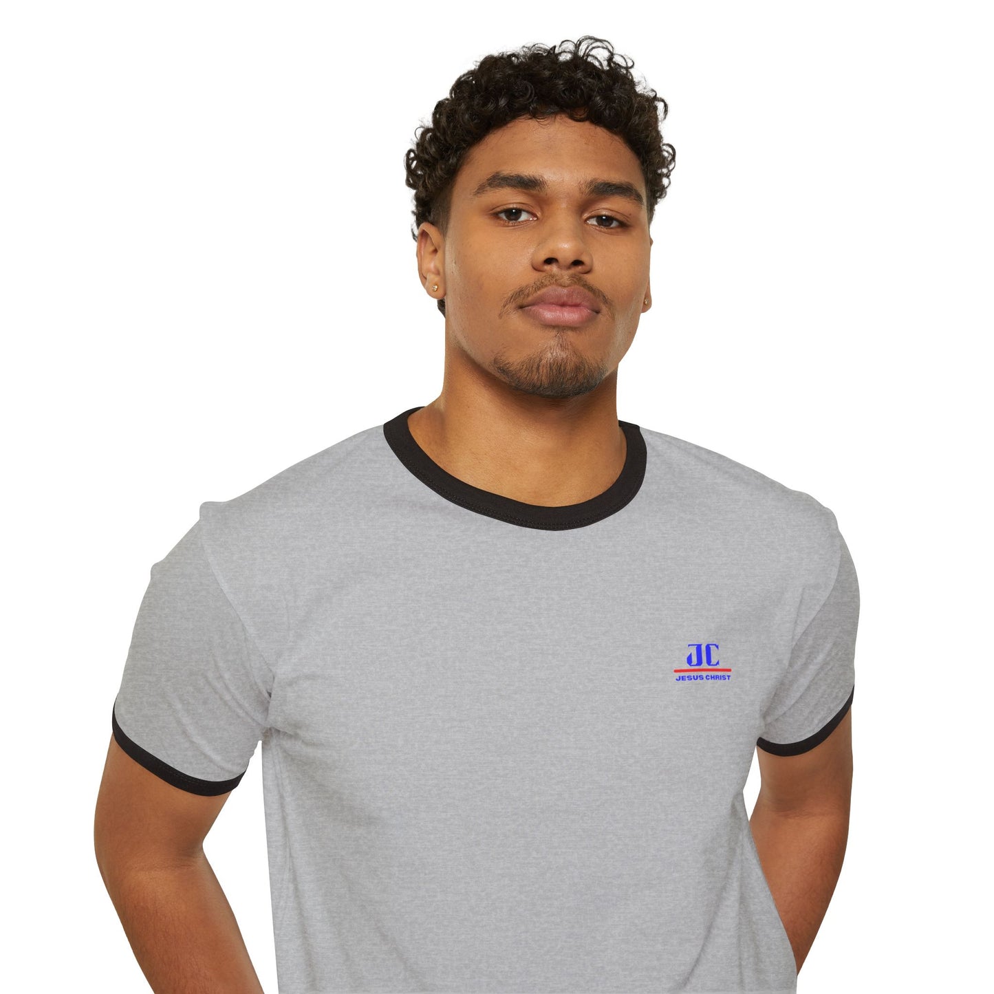 A Stylish Retro Unisex Cotton Ringer T-Shirt with Contrast Trim and a 'JC-Jesus Christ' Logo