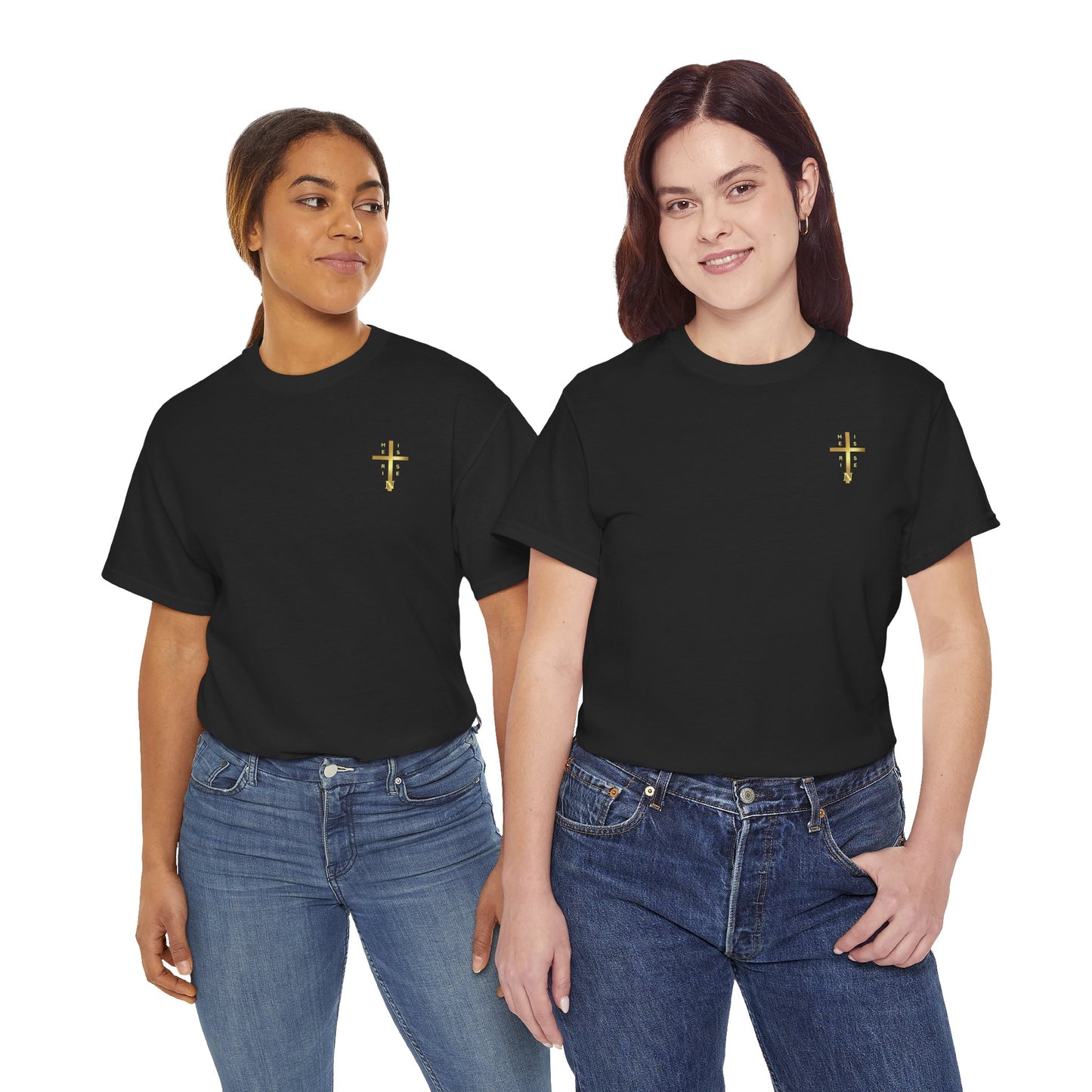 Unisex Heavy Cotton Tee - "HE IS RISEN" Gold Cross Design