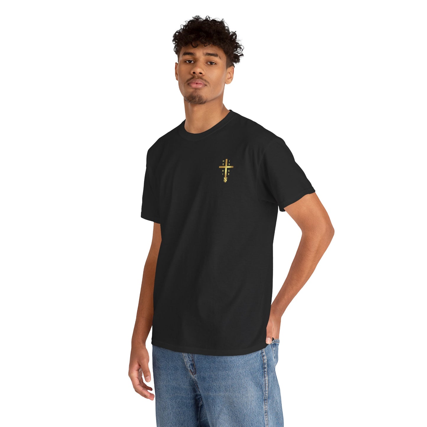 Unisex Heavy Cotton Tee - "HE IS RISEN" Gold Cross Design