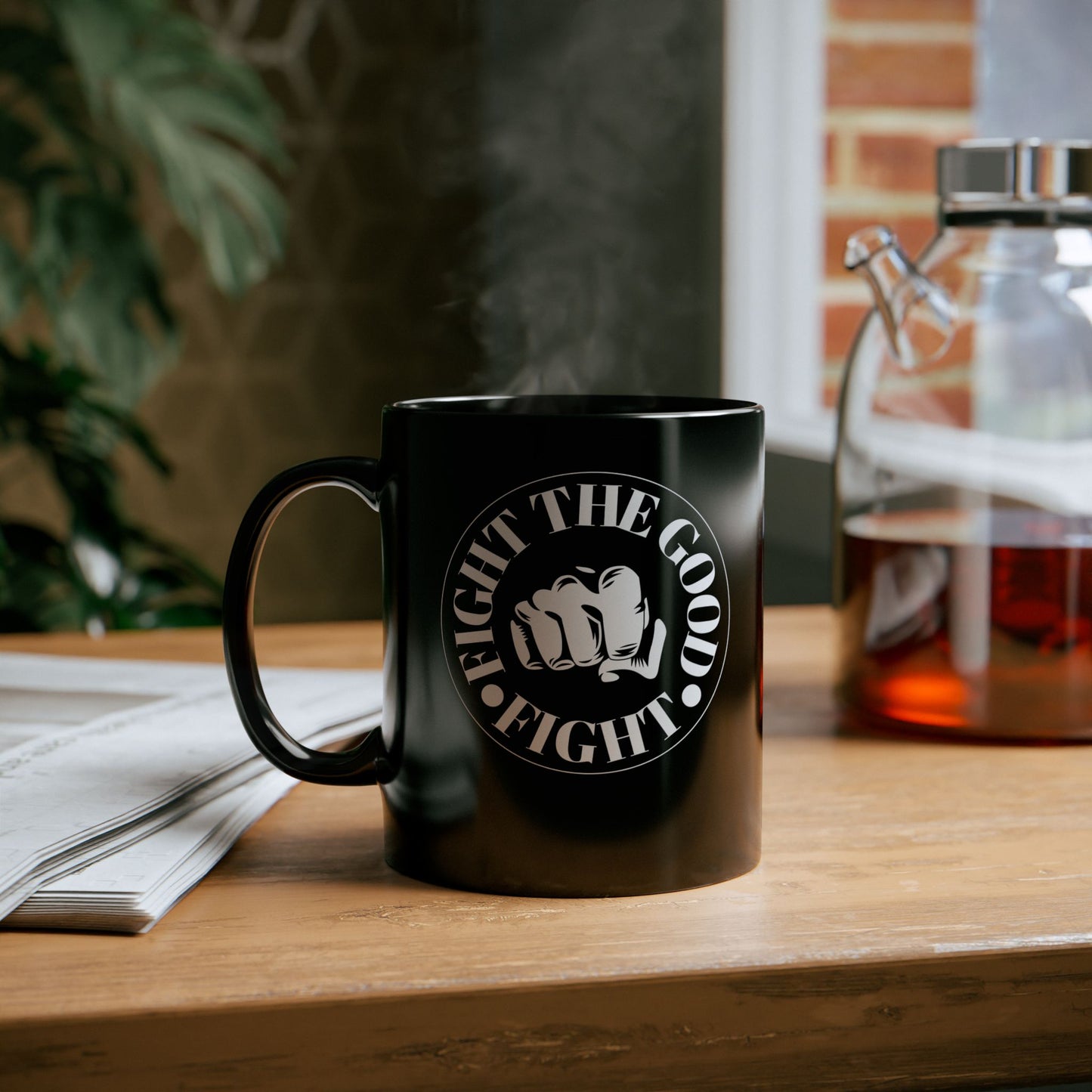 Inspirational Black Mug - "Fight the Good Fight of Faith"