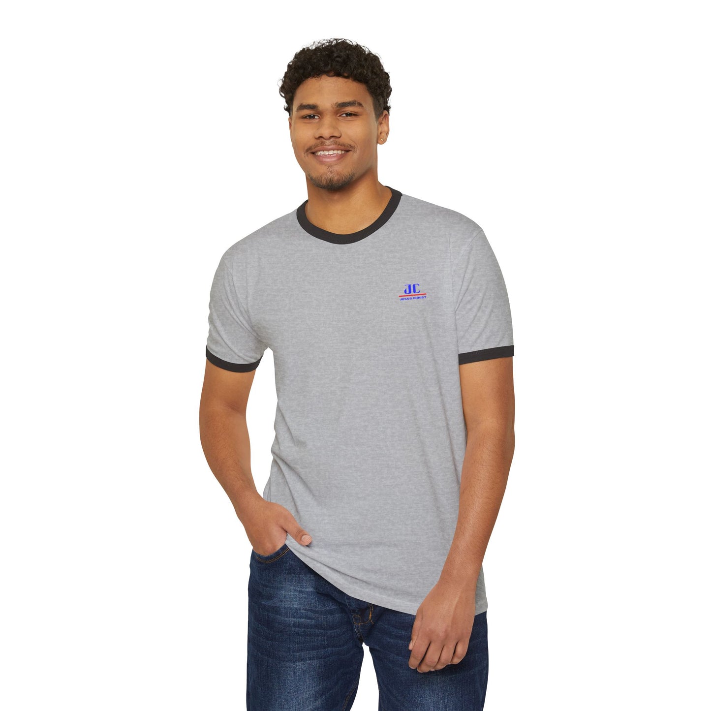 A Stylish Retro Unisex Cotton Ringer T-Shirt with Contrast Trim and a 'JC-Jesus Christ' Logo