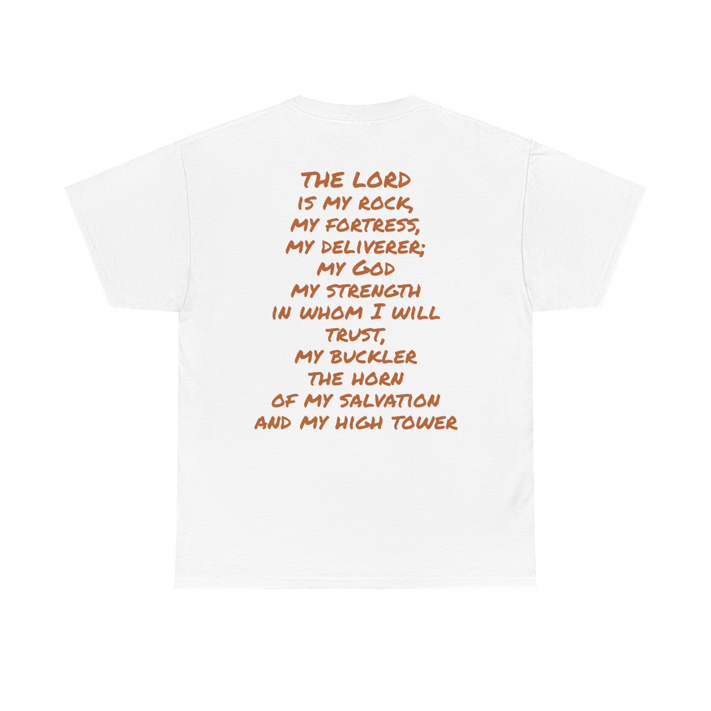 Unisex Heavy Cotton Tee, white, with comforting and affirming bible verses in the front and back.