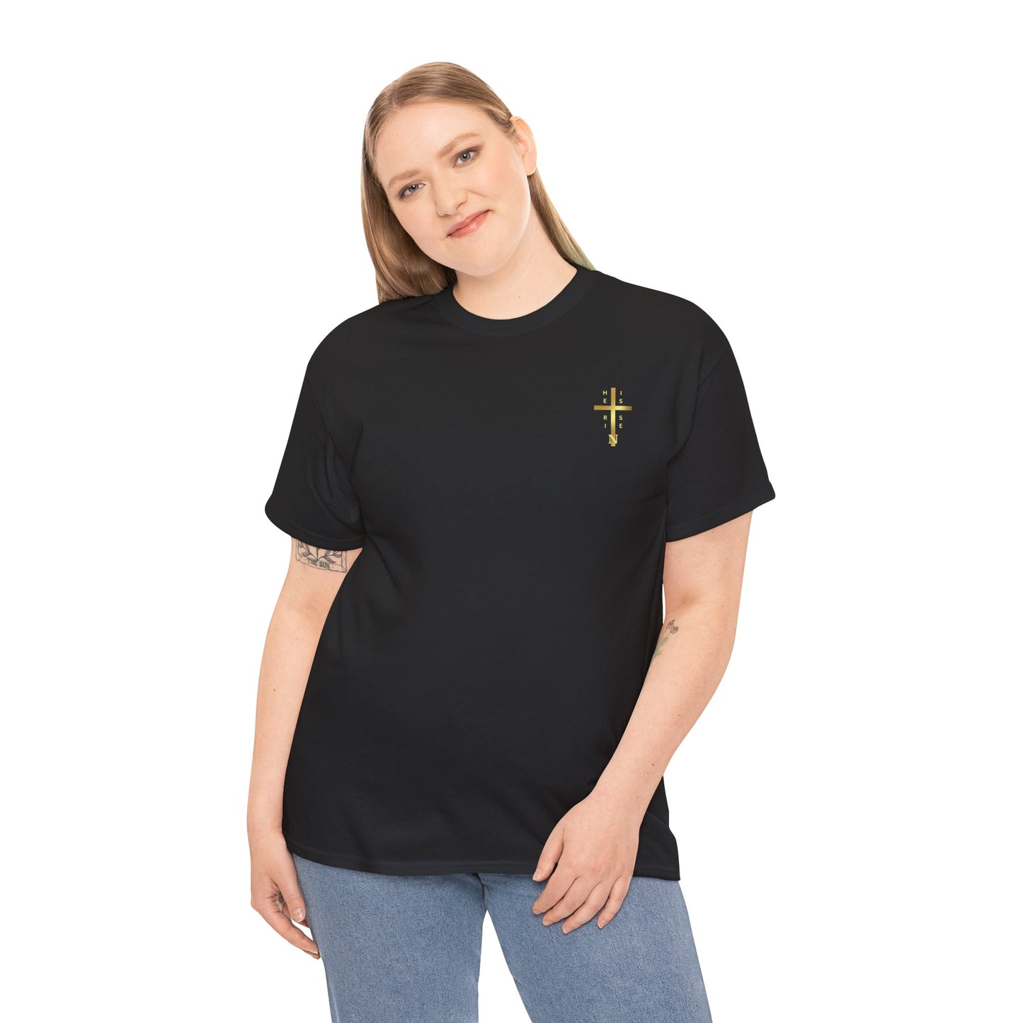 Unisex Heavy Cotton Tee - "HE IS RISEN" Gold Cross Design