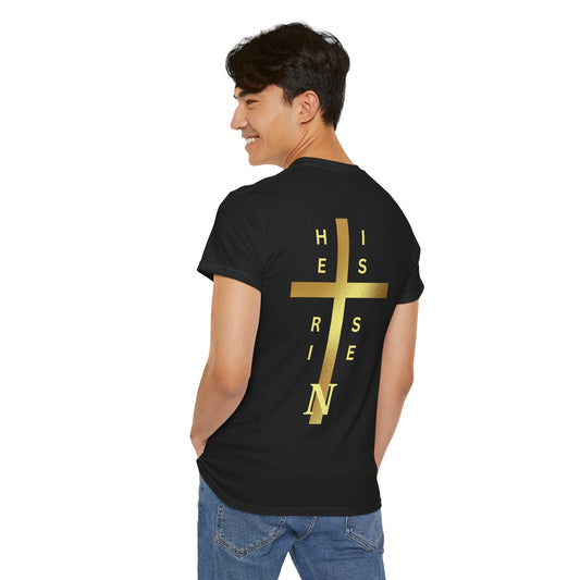 Unisex Heavy Cotton Tee - "HE IS RISEN" Gold Cross Design