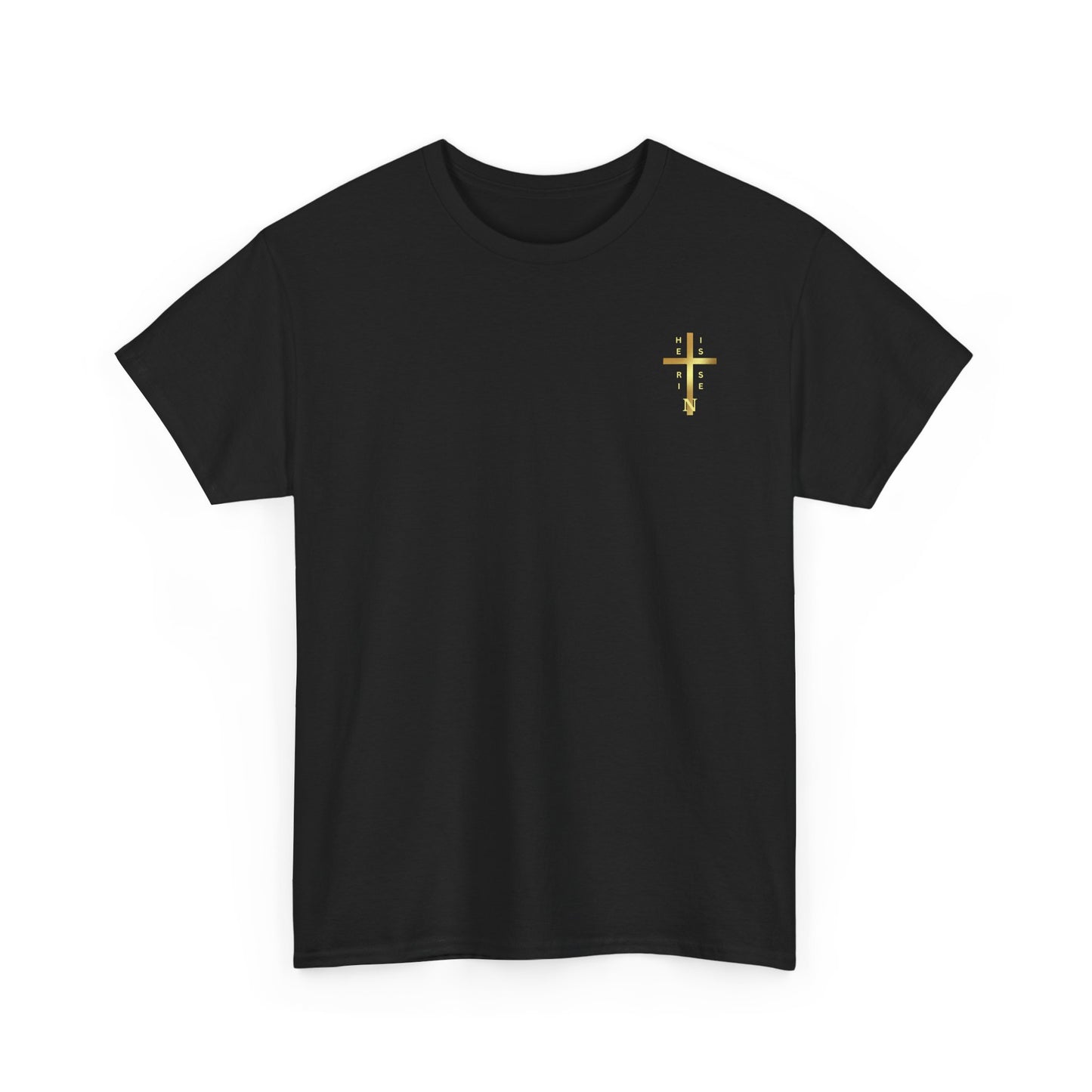 Unisex Heavy Cotton Tee - "HE IS RISEN" Gold Cross Design