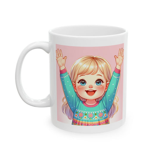 Ceramic Mug, white, with a joyful little girl, and freedom verses from the bible. (11oz)