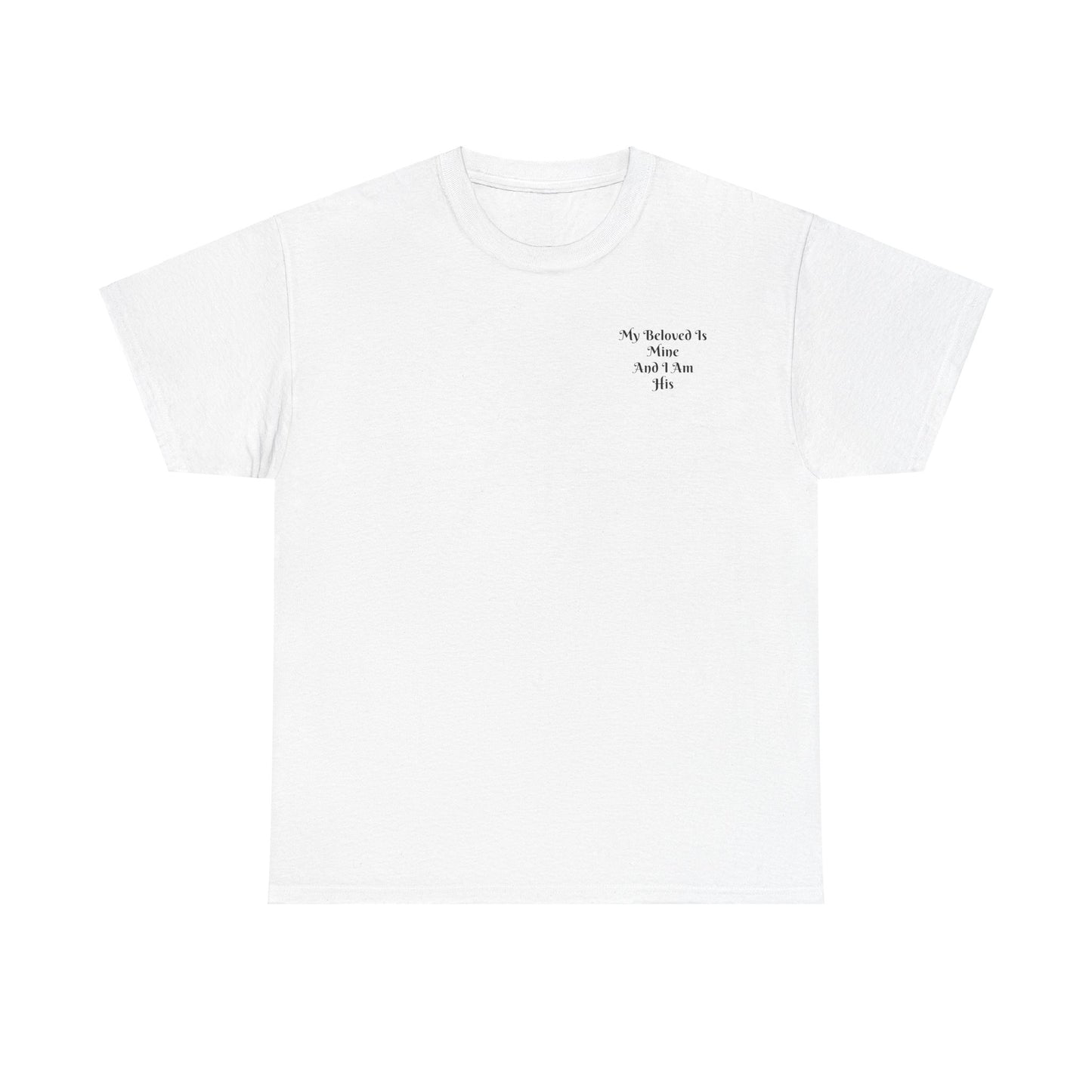 Unisex Heavy Cotton Tee, white, with comforting and affirming bible verse in the front.