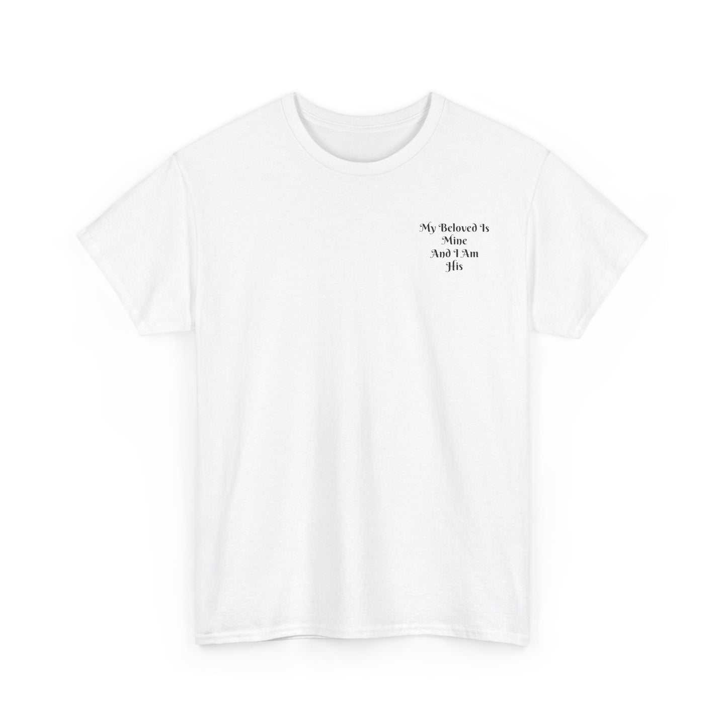 Unisex Heavy Cotton Tee, white, with comforting and affirming bible verse in the front.