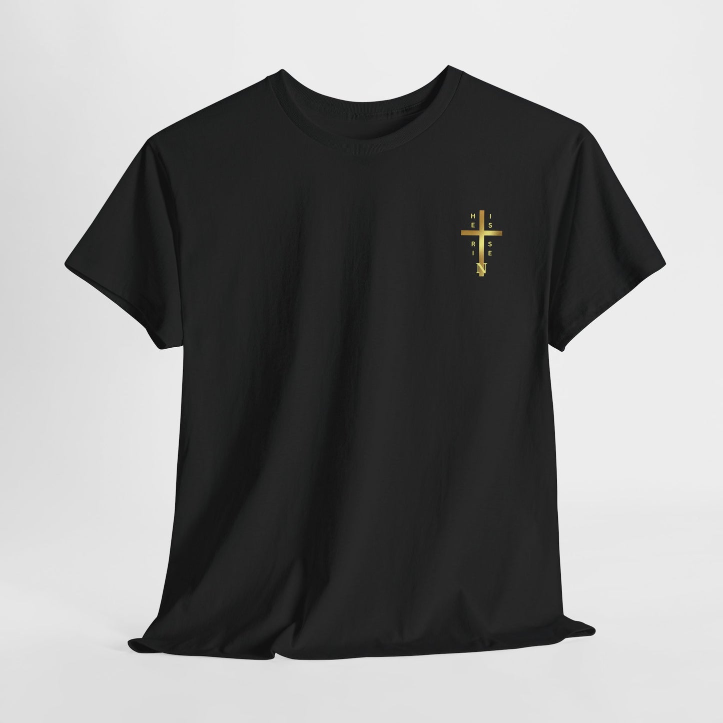 Unisex Heavy Cotton Tee - "HE IS RISEN" Gold Cross Design