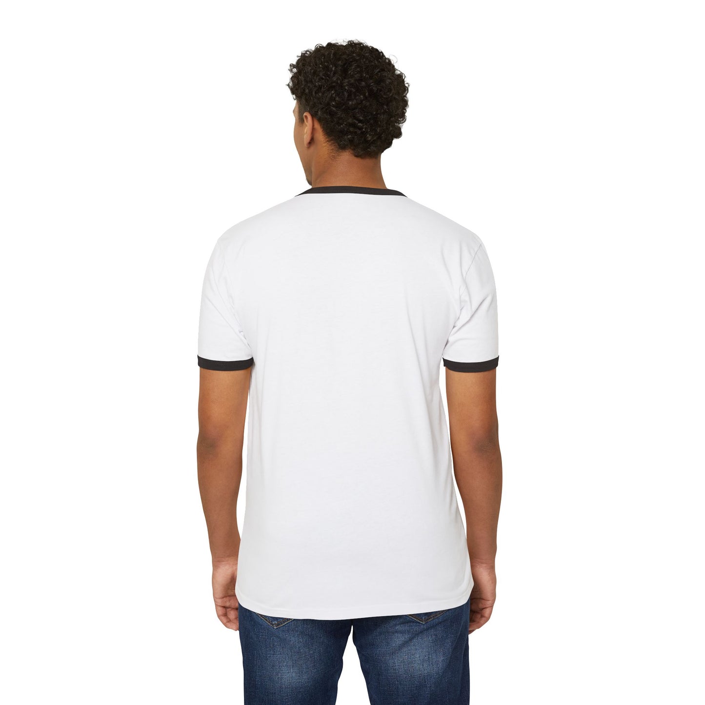 A Stylish Retro Unisex Cotton Ringer T-Shirt with Contrast Trim and a 'JC-Jesus Christ' Logo