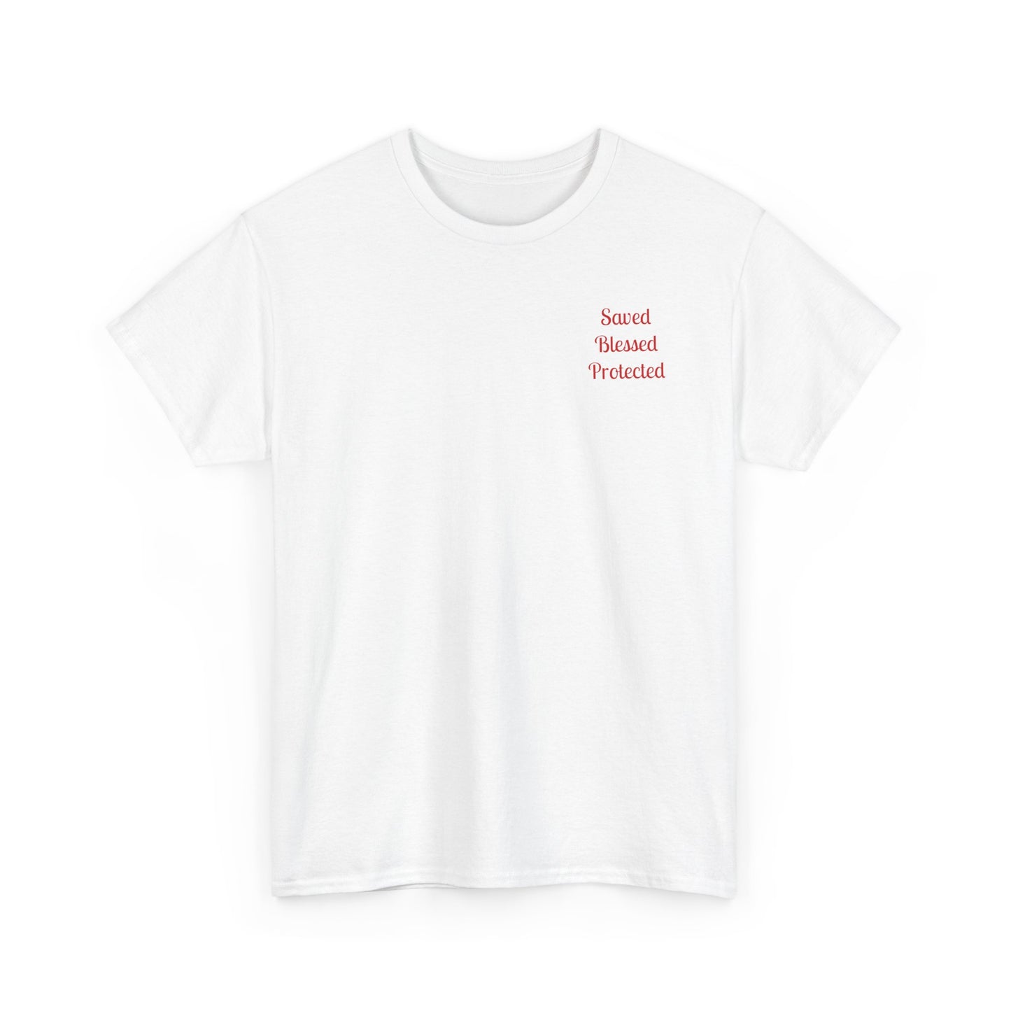 Unisex Heavy Cotton Tee, white, with comforting and affirming biblical words in the front.