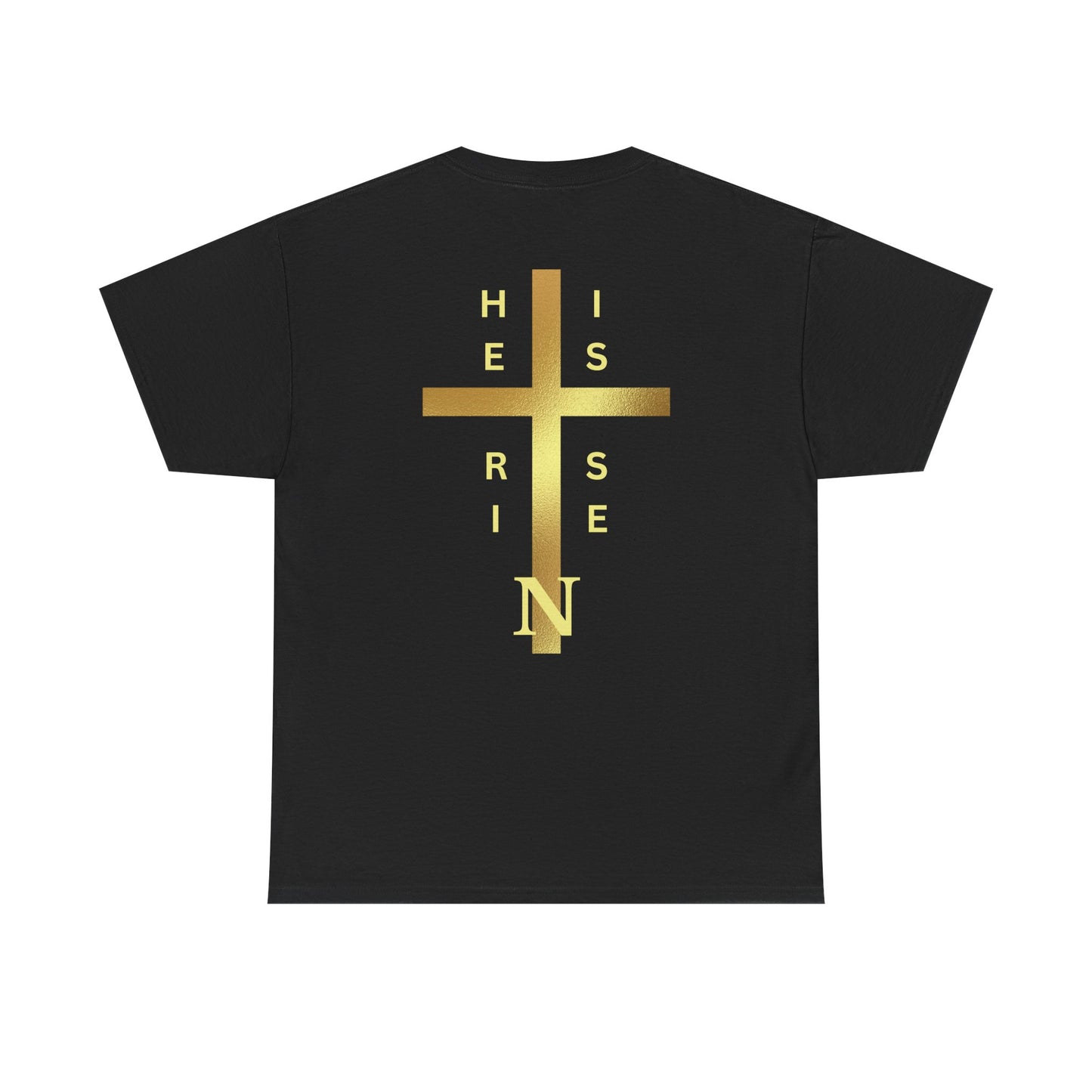 Unisex Heavy Cotton Tee - "HE IS RISEN" Gold Cross Design