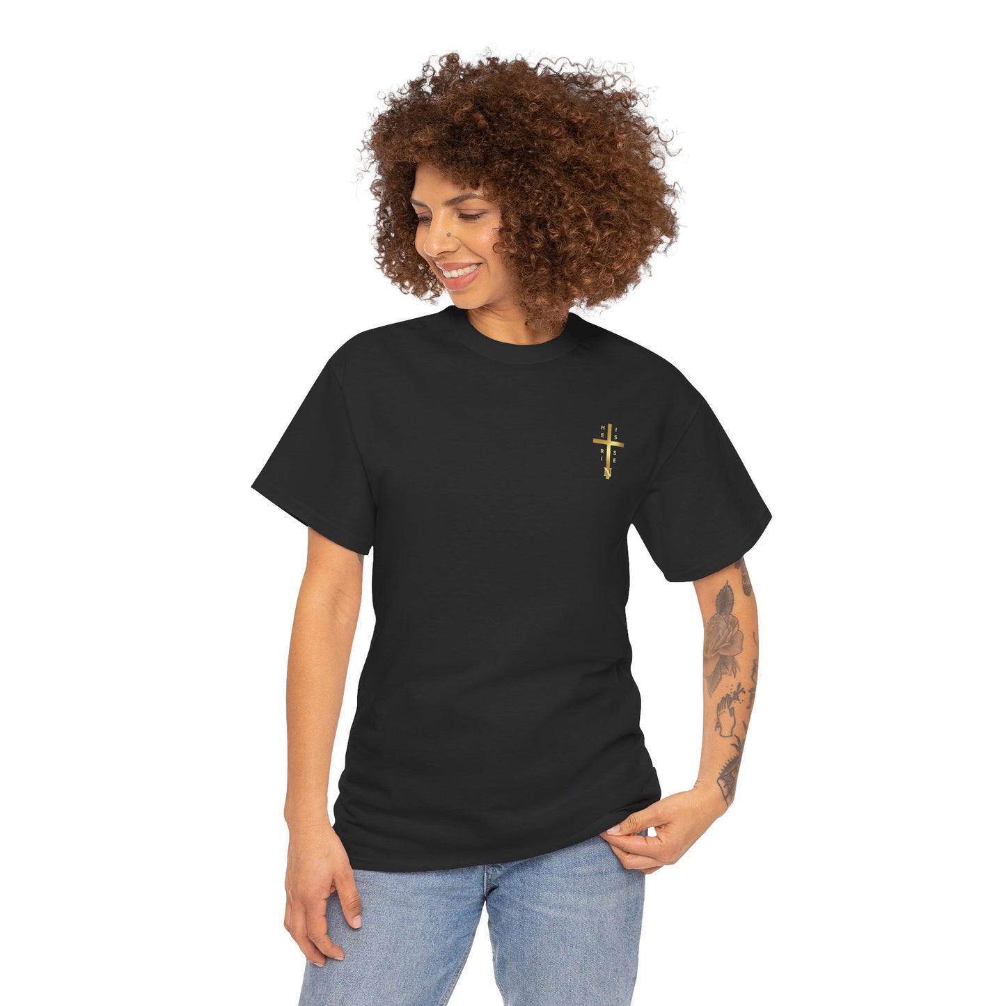 Unisex Heavy Cotton Tee - "HE IS RISEN" Gold Cross Design