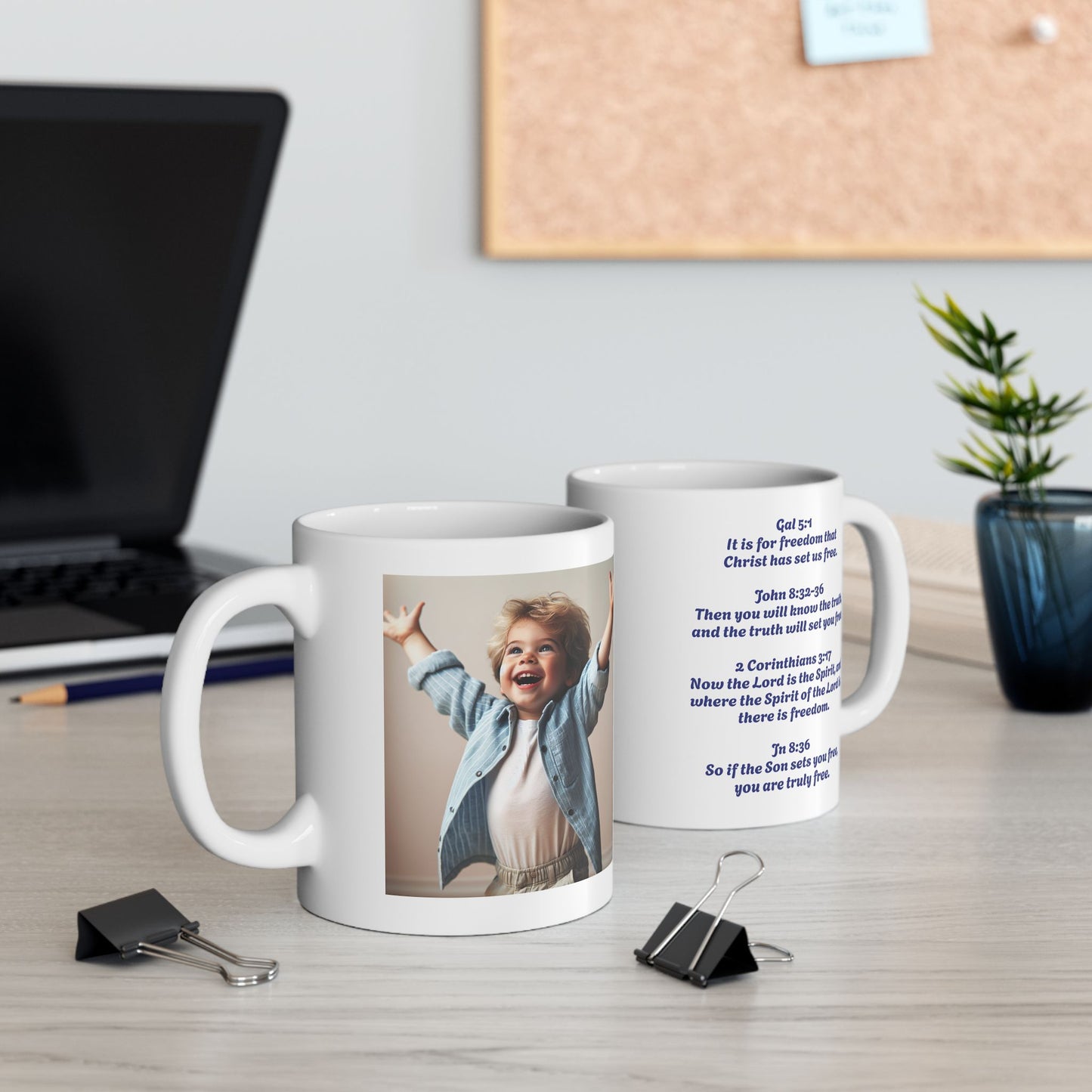 Ceramic Mug, white, with a joyful little boy, and freedom verses from the bible. (11oz)