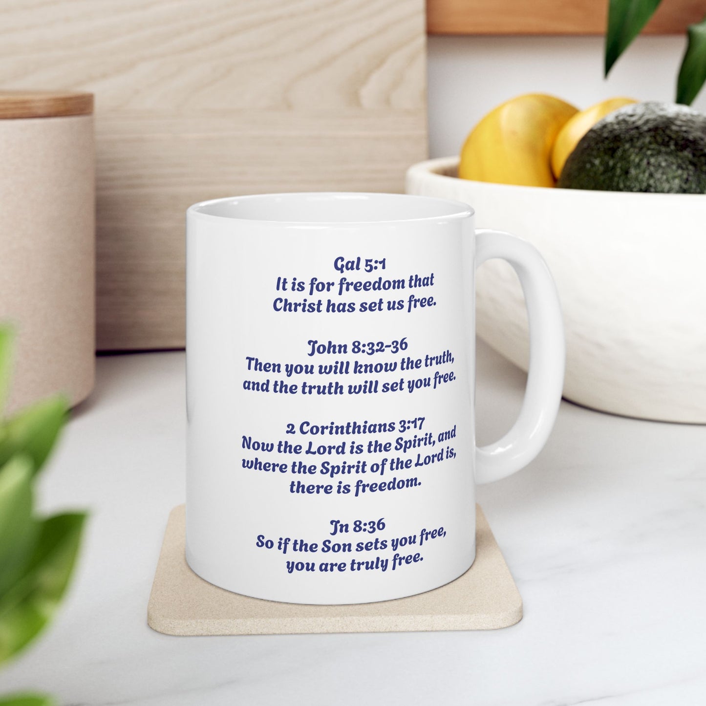 Ceramic Mug, white, with a joyful little boy, and freedom verses from the bible. (11oz)