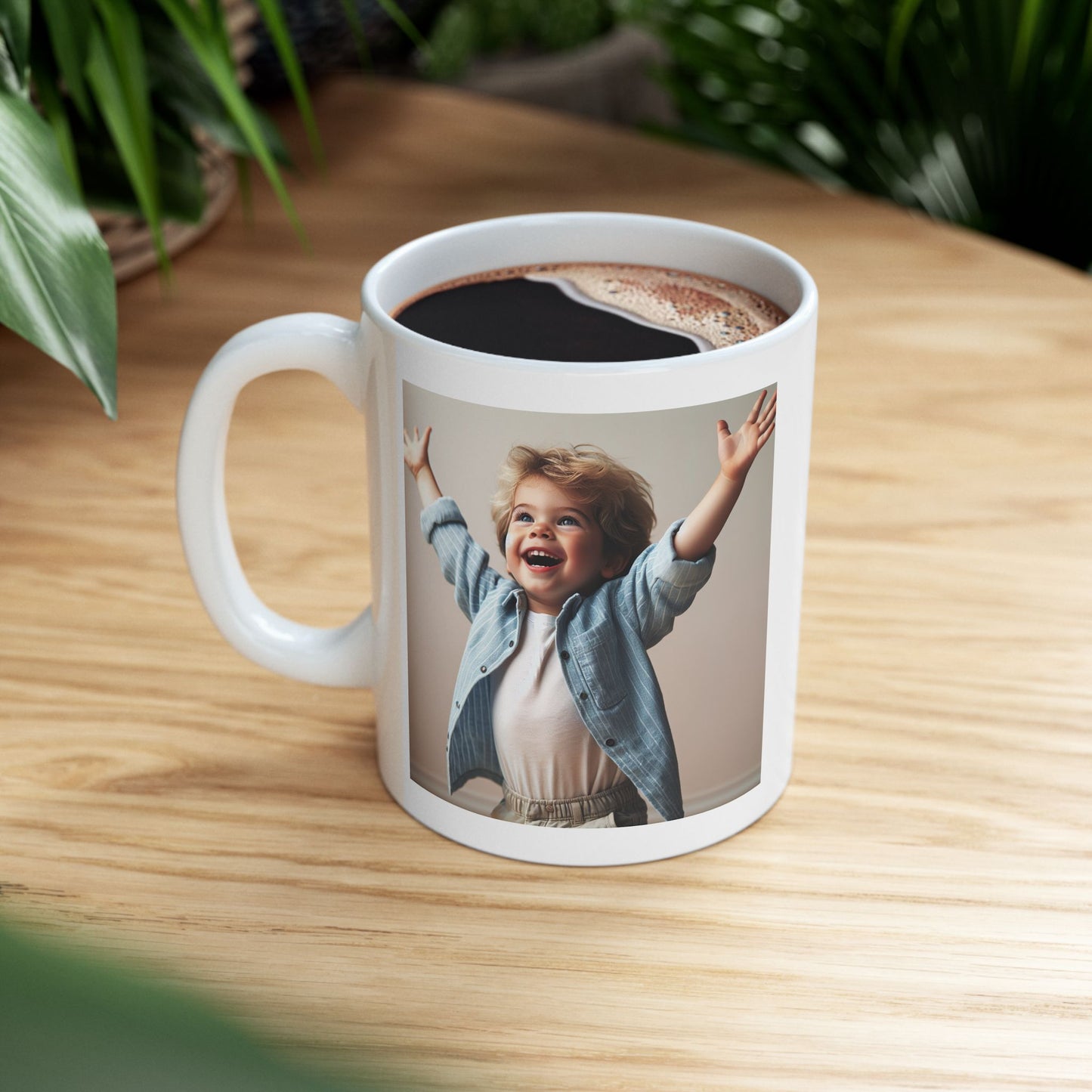 Ceramic Mug, white, with a joyful little boy, and freedom verses from the bible. (11oz)