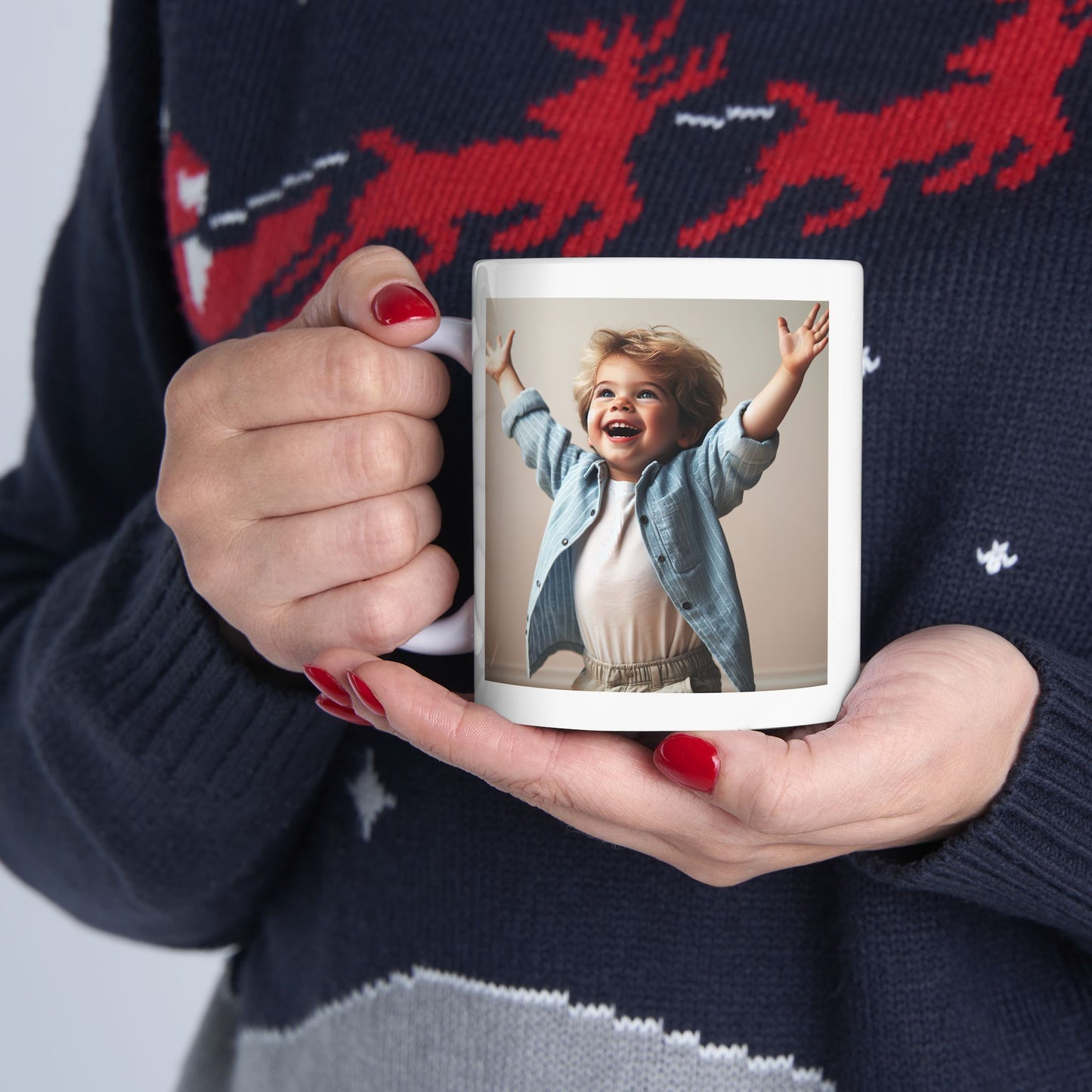 Ceramic Mug, white, with a joyful little boy, and freedom verses from the bible. (11oz)