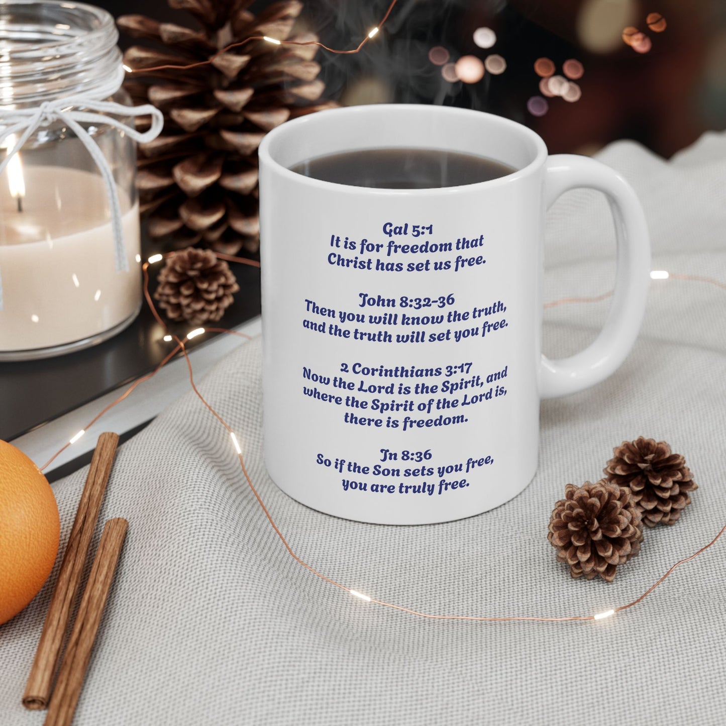 Ceramic Mug, white, with a joyful little boy, and freedom verses from the bible. (11oz)