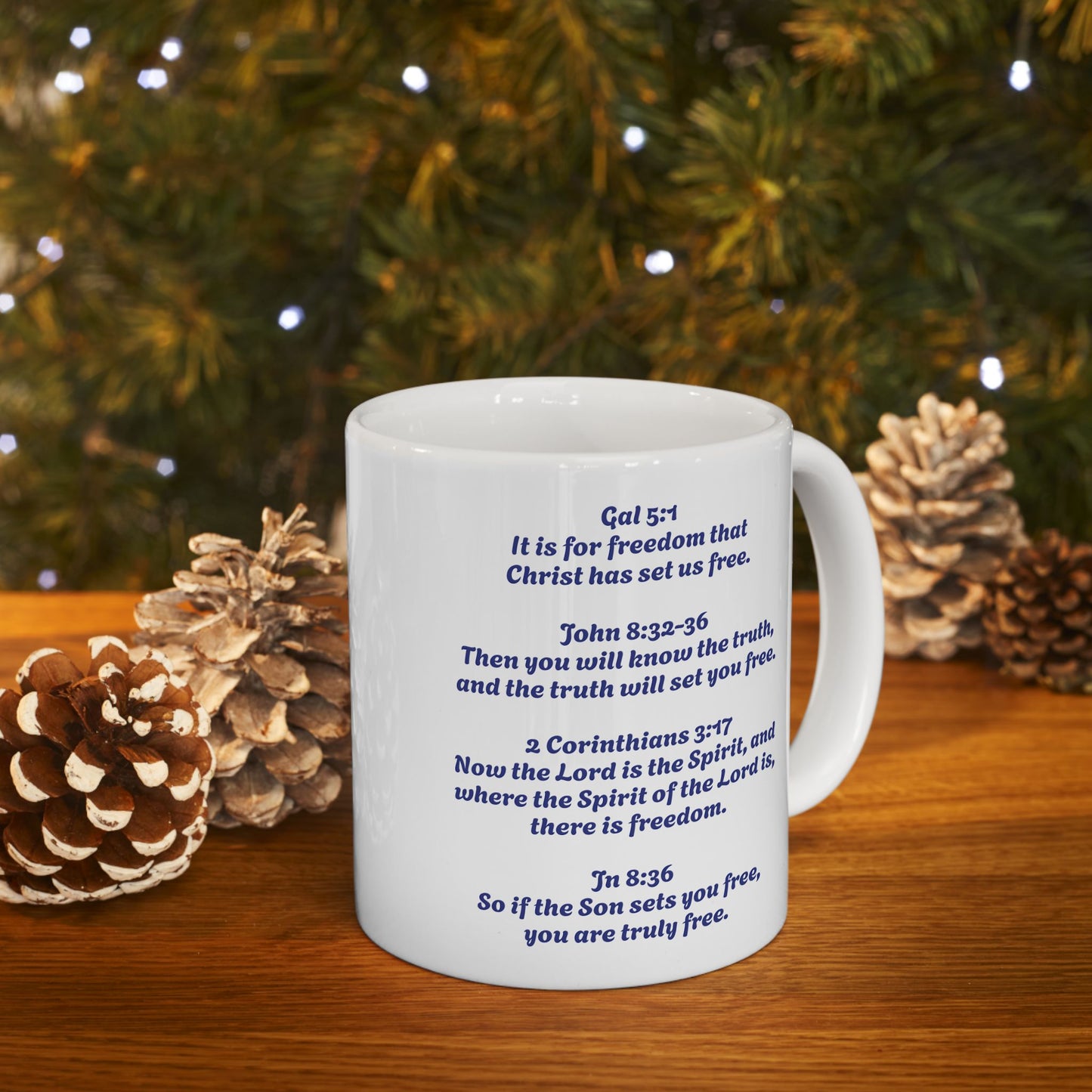 Ceramic Mug, white, with a joyful little boy, and freedom verses from the bible. (11oz)