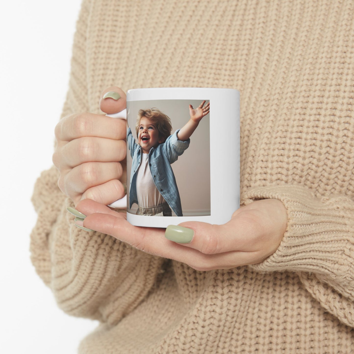 Ceramic Mug, white, with a joyful little boy, and freedom verses from the bible. (11oz)