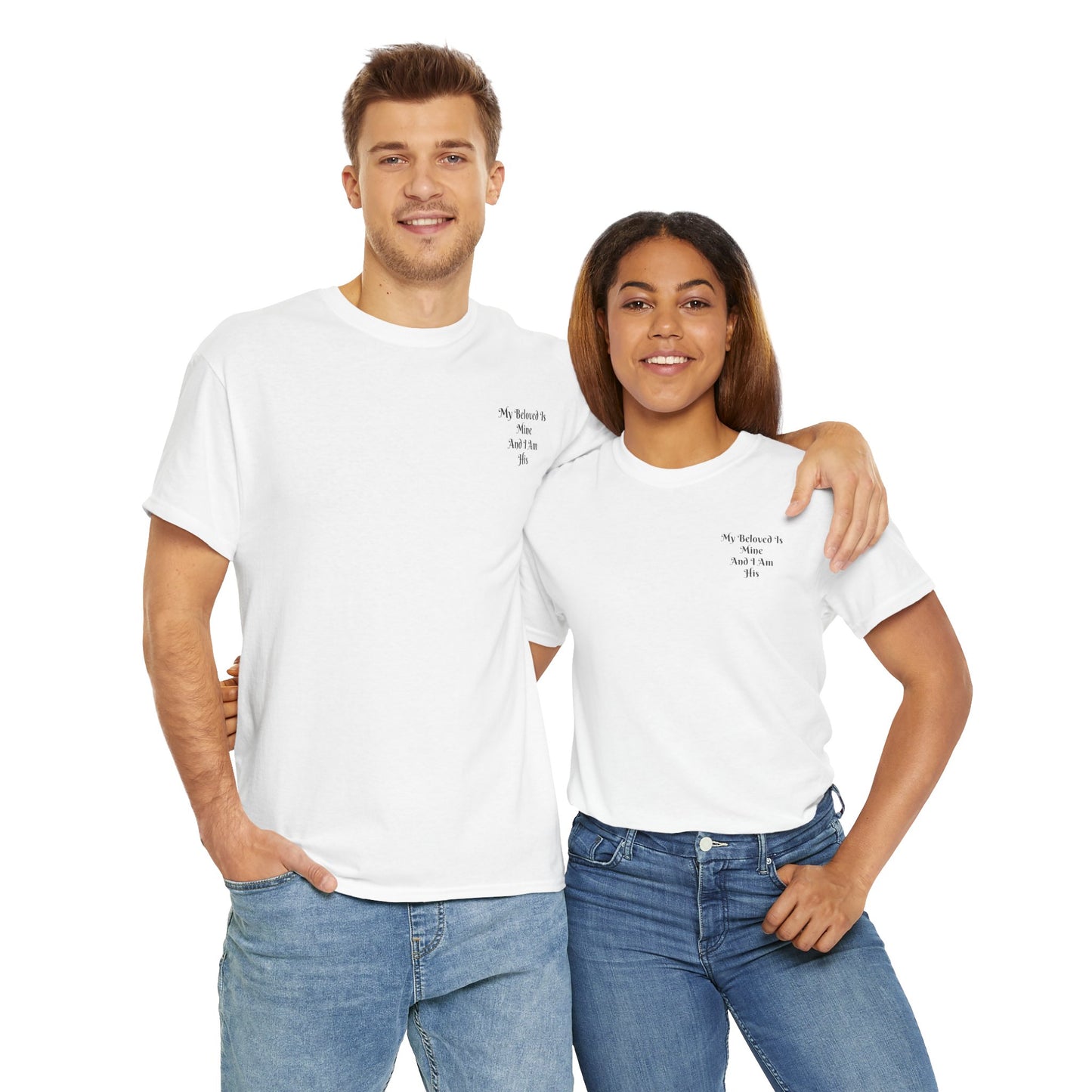 Unisex Heavy Cotton Tee, white, with comforting and affirming bible verse in the front.