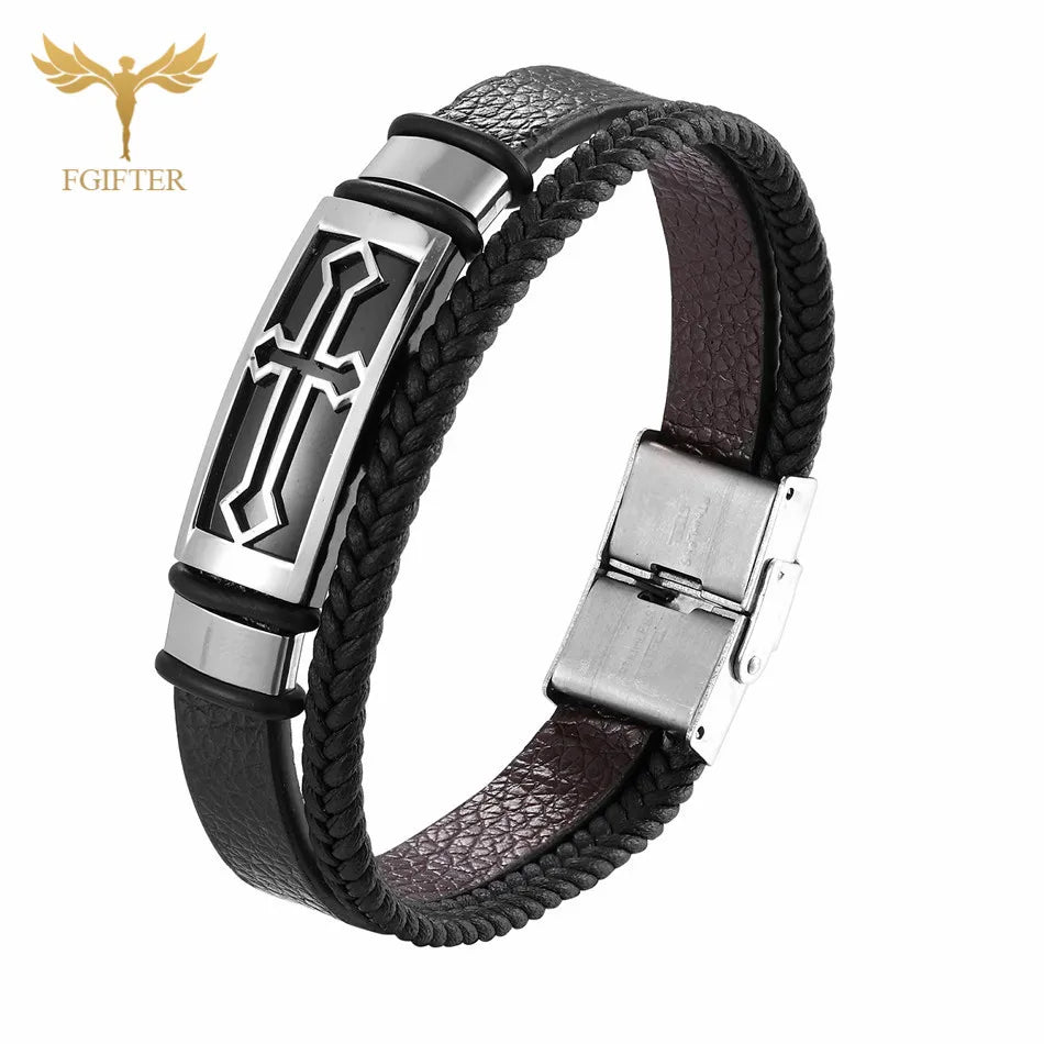 MEN'S LEATHER BANGLE, Adorned with Stainless Steel and Cross