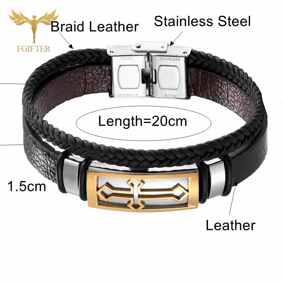 MEN'S LEATHER BANGLE, Adorned with Stainless Steel and Cross