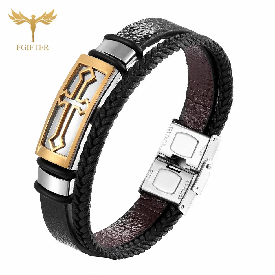 MEN'S LEATHER BANGLE, Adorned with Stainless Steel and Cross