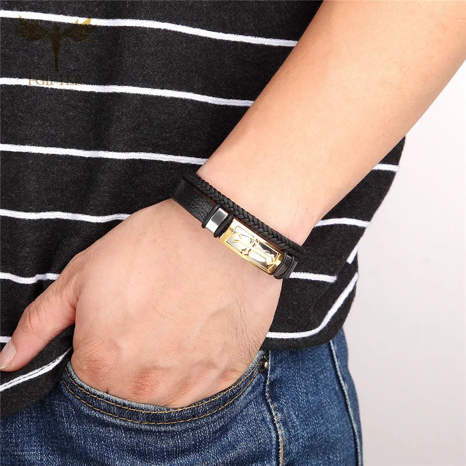 MEN'S LEATHER BANGLE, Adorned with Stainless Steel and Cross