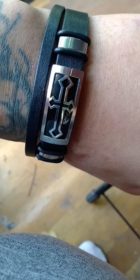 MEN'S LEATHER BANGLE, Adorned with Stainless Steel and Cross