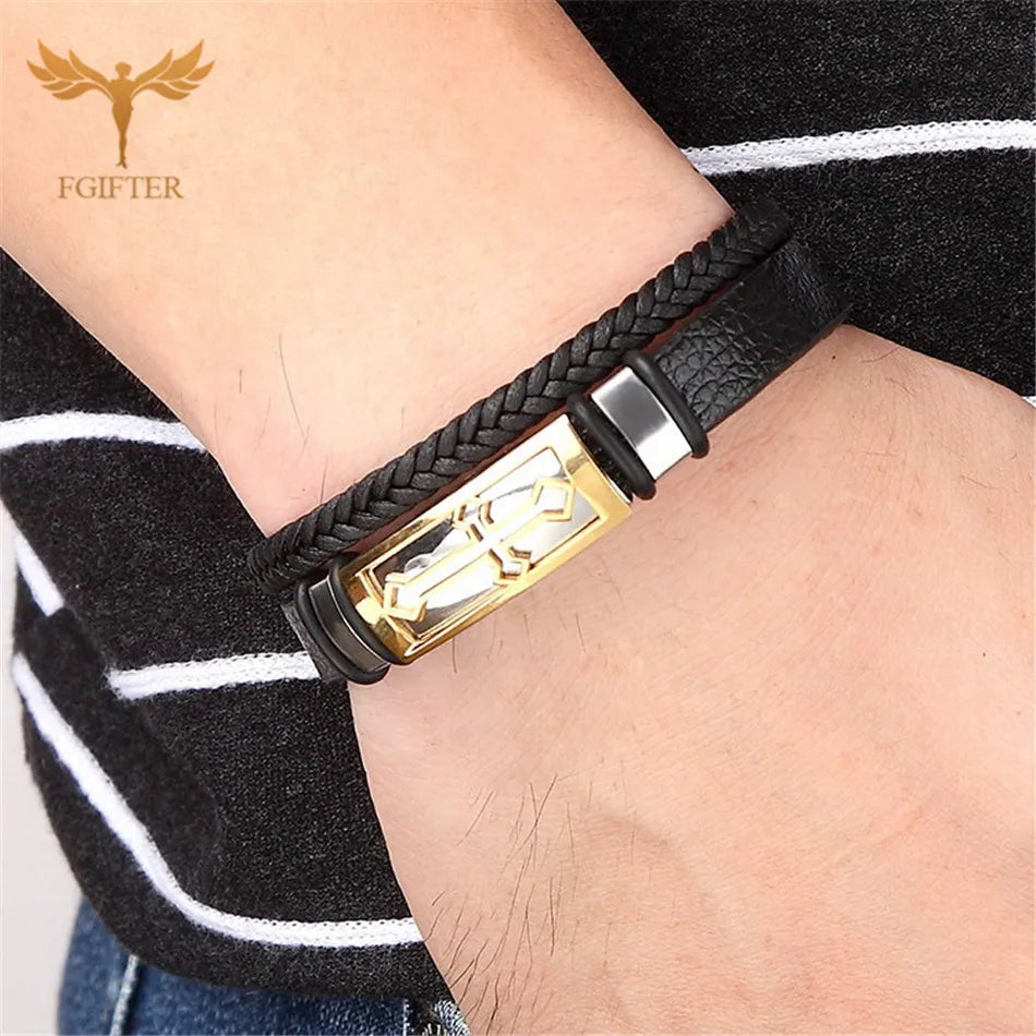 MEN'S LEATHER BANGLE, Adorned with Stainless Steel and Cross