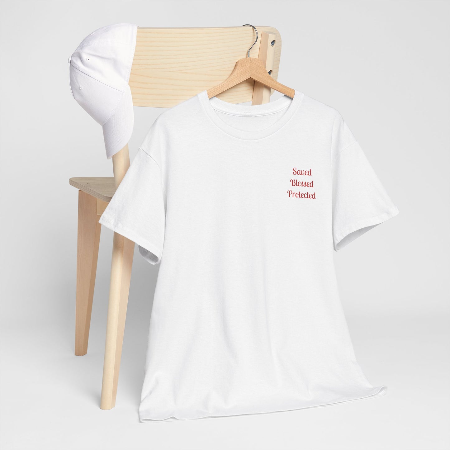 Unisex Heavy Cotton Tee, white, with comforting and affirming biblical words in the front.