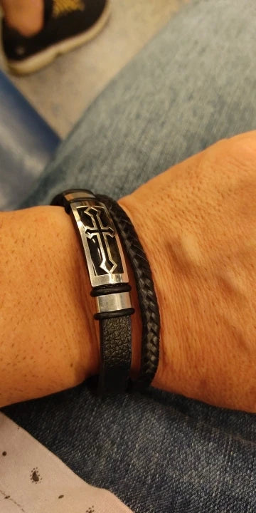 MEN'S LEATHER BANGLE, Adorned with Stainless Steel and Cross