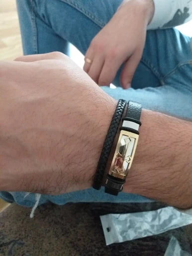 MEN'S LEATHER BANGLE, Adorned with Stainless Steel and Cross