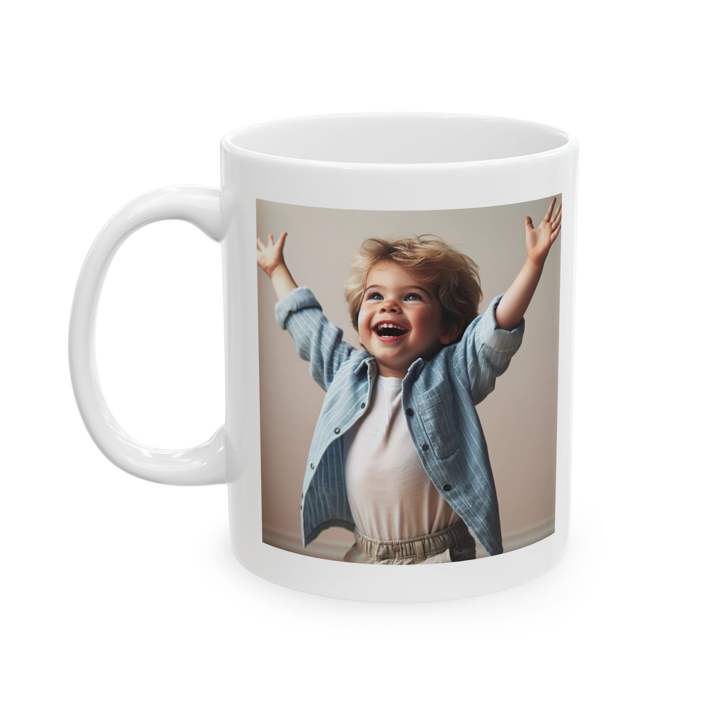 Ceramic Mug, white, with a joyful little boy, and freedom verses from the bible. (11oz)