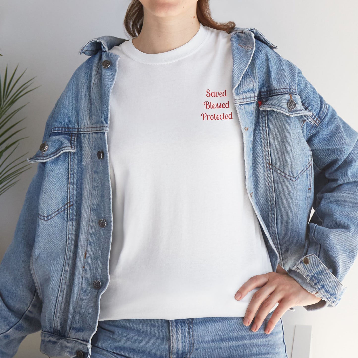 Unisex Heavy Cotton Tee, white, with comforting and affirming biblical words in the front.