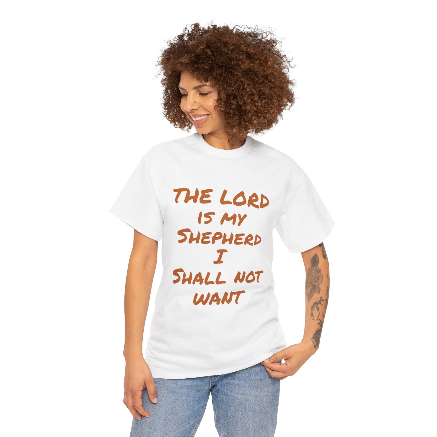 Unisex Heavy Cotton Tee, white, with comforting and affirming bible verses in the front and back.