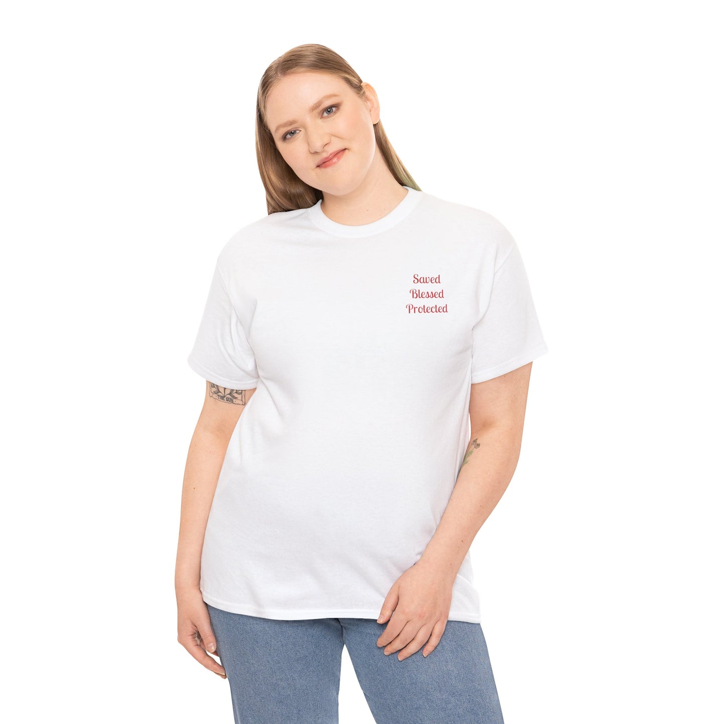 Unisex Heavy Cotton Tee, white, with comforting and affirming biblical words in the front.