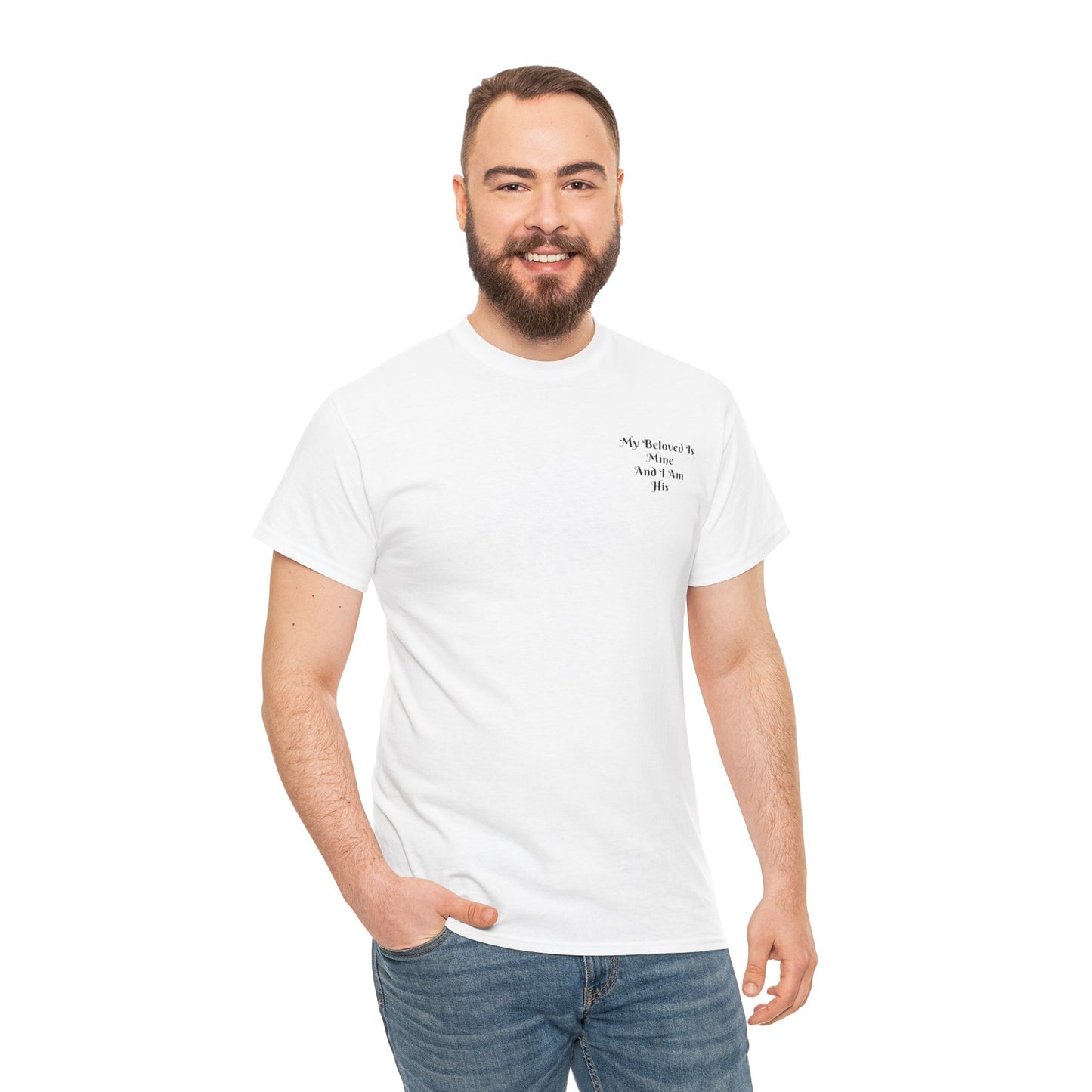 Unisex Heavy Cotton Tee, white, with comforting and affirming bible verse in the front.