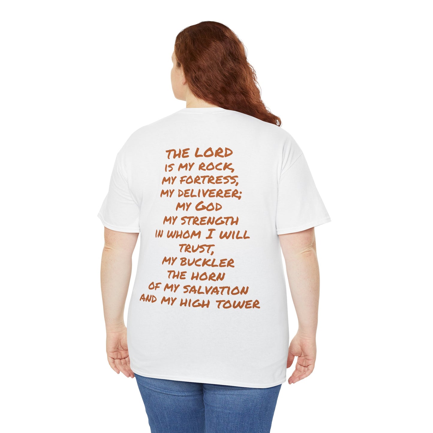 Unisex Heavy Cotton Tee, white, with comforting and affirming bible verses in the front and back.