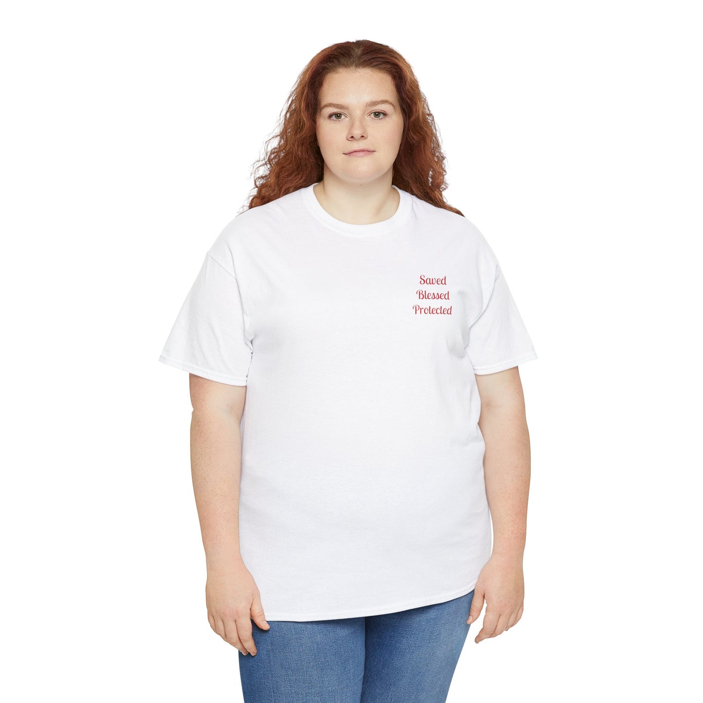 Unisex Heavy Cotton Tee, white, with comforting and affirming biblical words in the front.