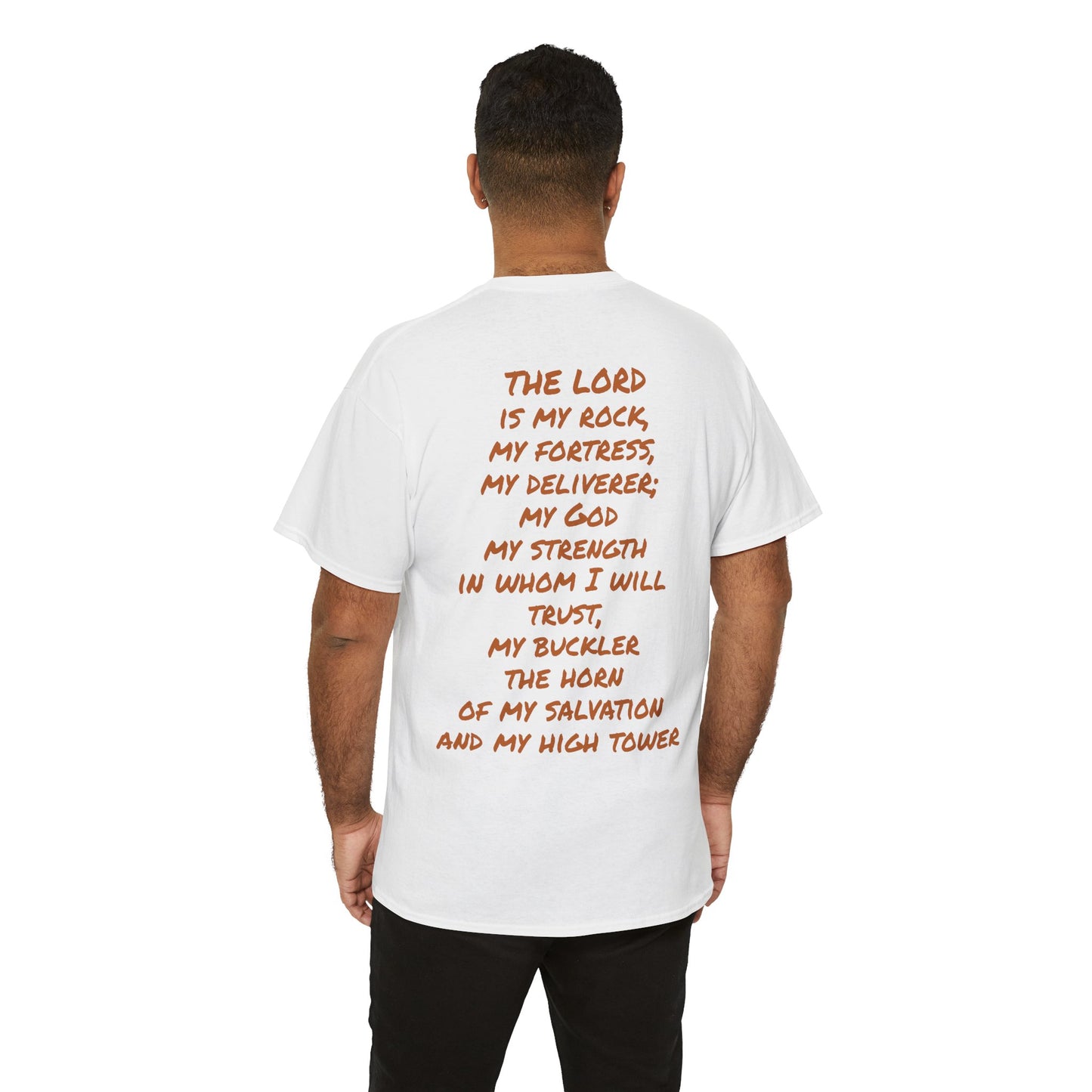 Unisex Heavy Cotton Tee, white, with comforting and affirming bible verses in the front and back.