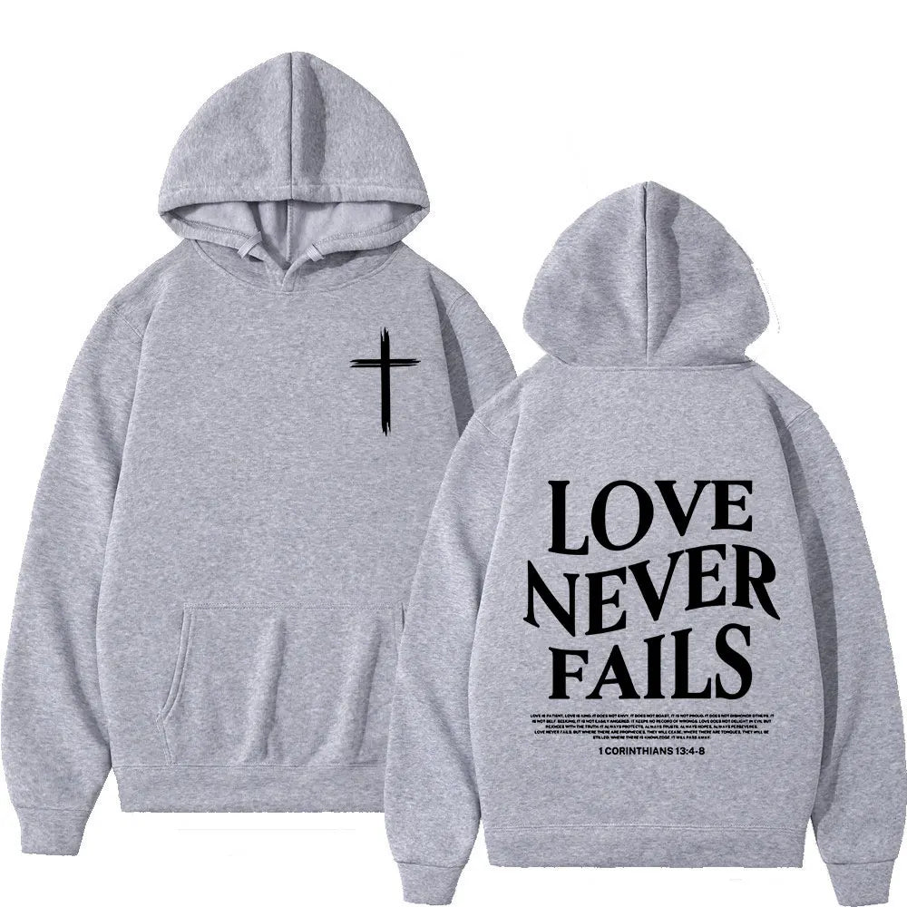 "Love Never Fails" Bible Verse Hoodies for Men and Women