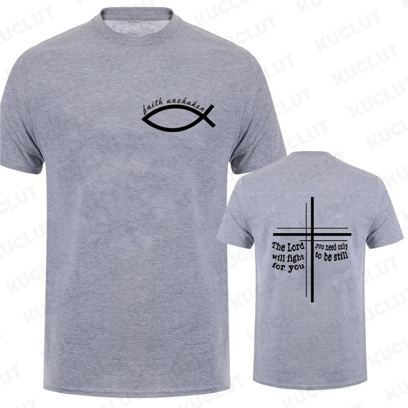 Faith Unshaken Men T-Shirt Christian Jesus Graphic Y2k Tops Harajuku Ulzzang Shirts Short Sleeve Tees Male Oversized Clothing