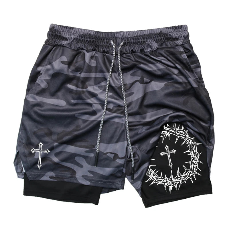 "Cross & Crown of Thorns" Print, 2 in 1 Workout Running Shorts for Men