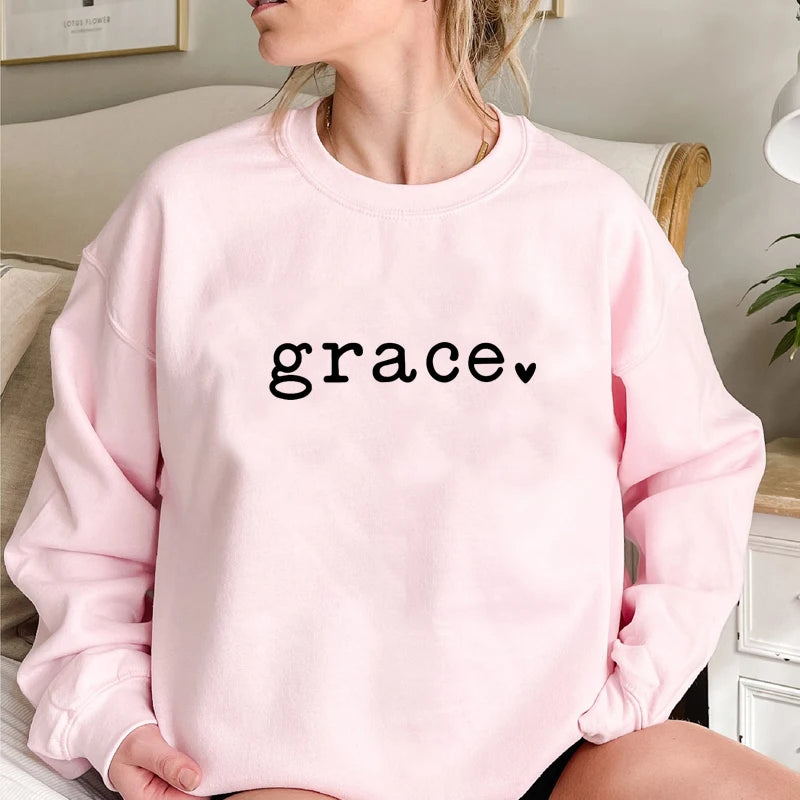 Grace Love Heart Religious Sweatshirt Women Long Sleeve Streetwear Outfits Christian Jesus Bible Hoodies Ladies Top Dropshipping