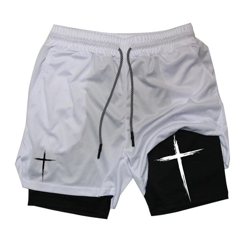 "Cross" Print, 2 in 1 Performance Shorts for Men